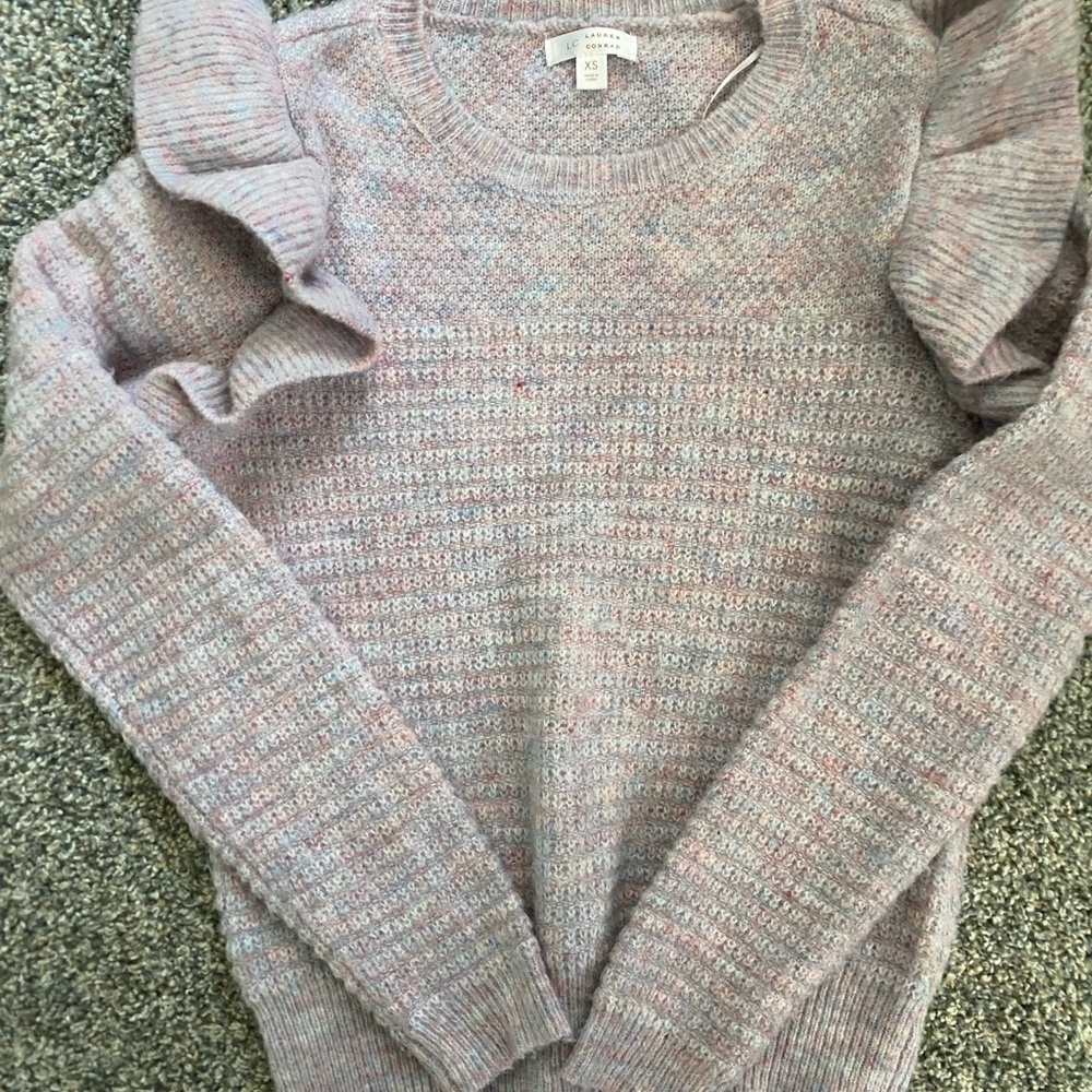 Loft Ruffle-Sleeve Knit Sweater in Heather Lavender
